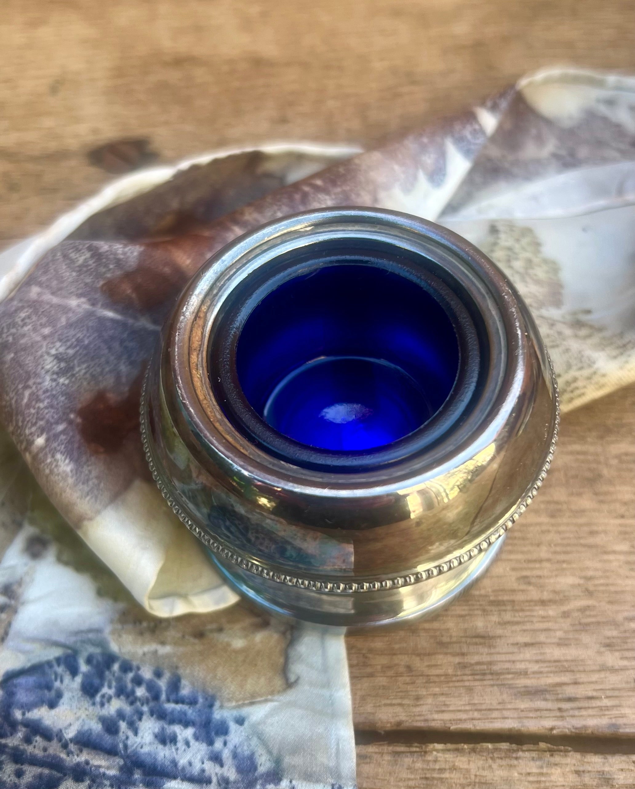 Silver Plated Inkwell — English Silver Plate & Cobalt Blue Glass, c.1900s–1920s