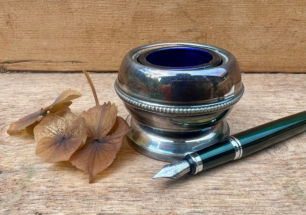 Vintage Silver-Plated Inkwell with Cobalt Blue Glass Liner | Made in England