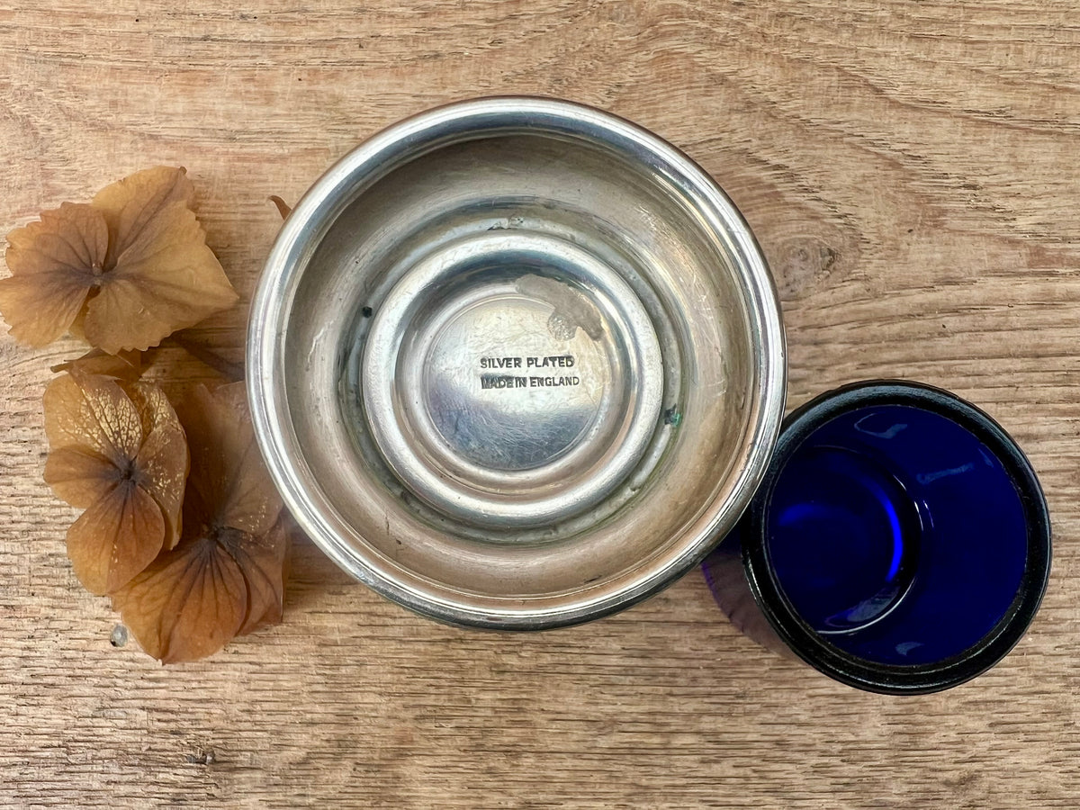 Vintage Silver-Plated Inkwell with Cobalt Blue Glass Liner | Made in England