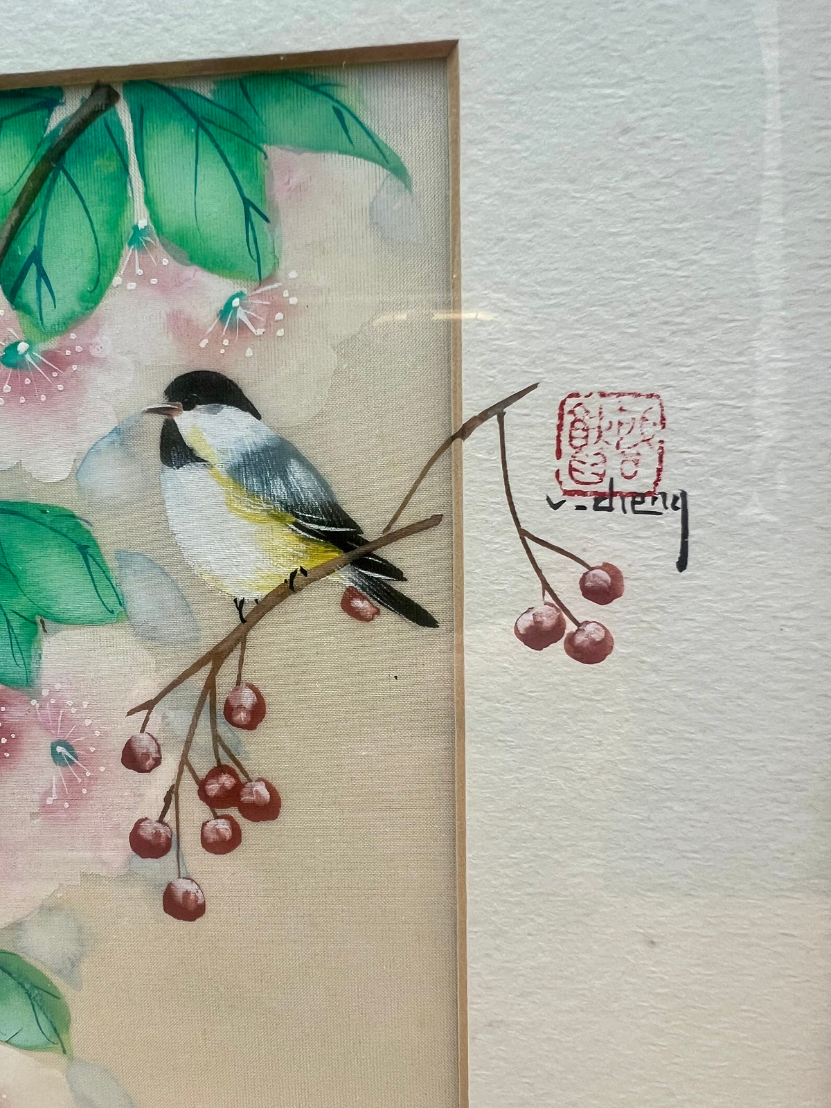 Vintage East Asian Bird & Blossom Painting on Silk – Signed & Sealed
