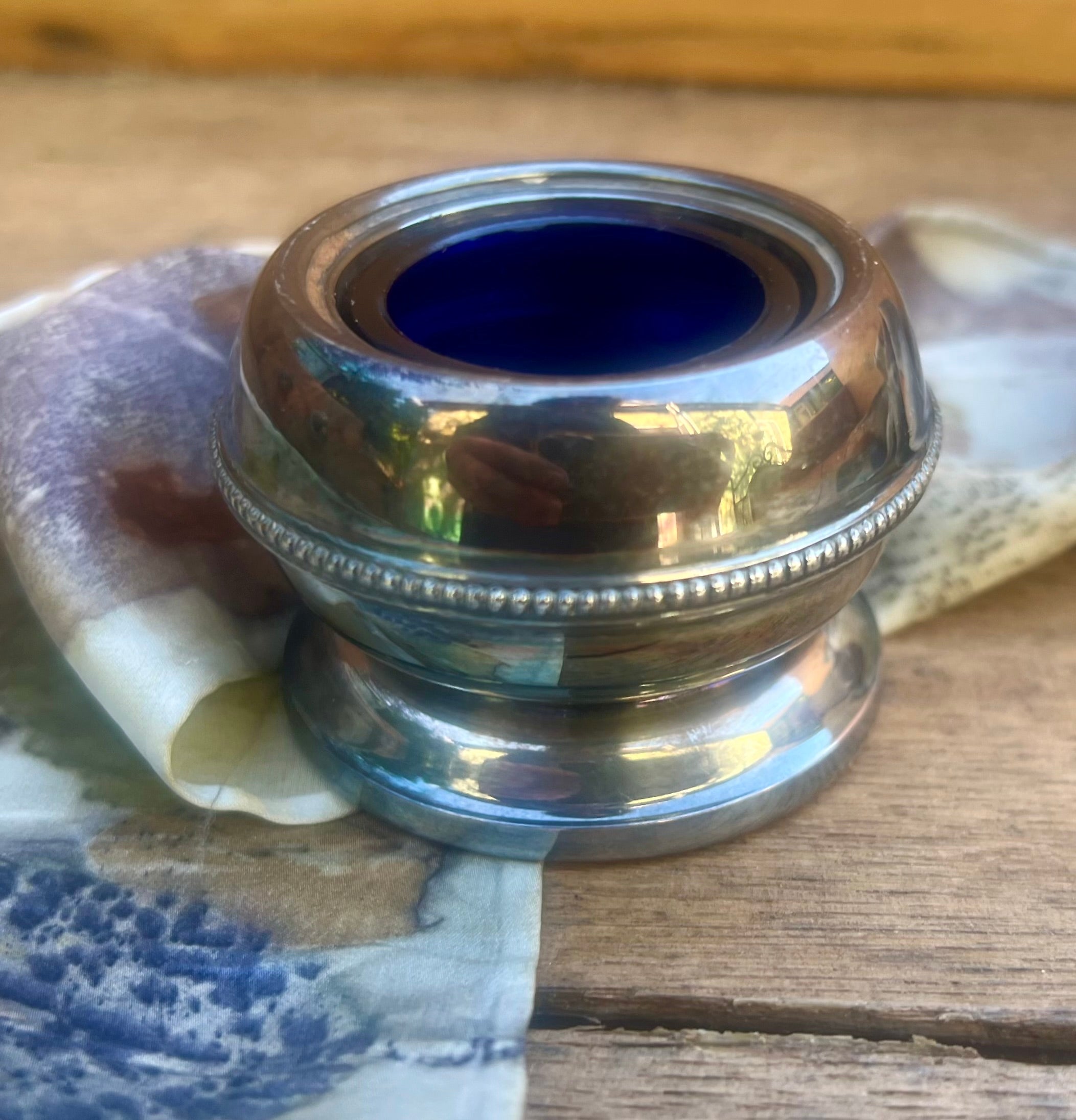 Silver Plated Inkwell — English Silver Plate & Cobalt Blue Glass, c.1900s–1920s