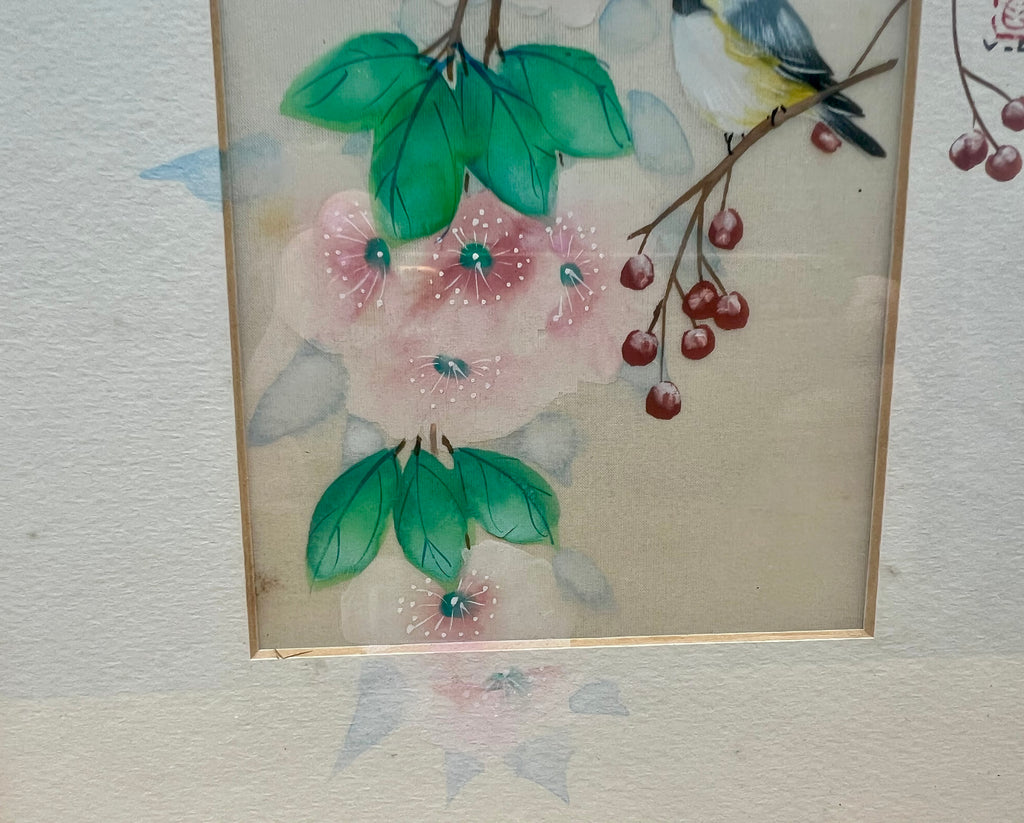 Vintage East Asian Bird & Blossom Painting on Silk – Signed & Sealed