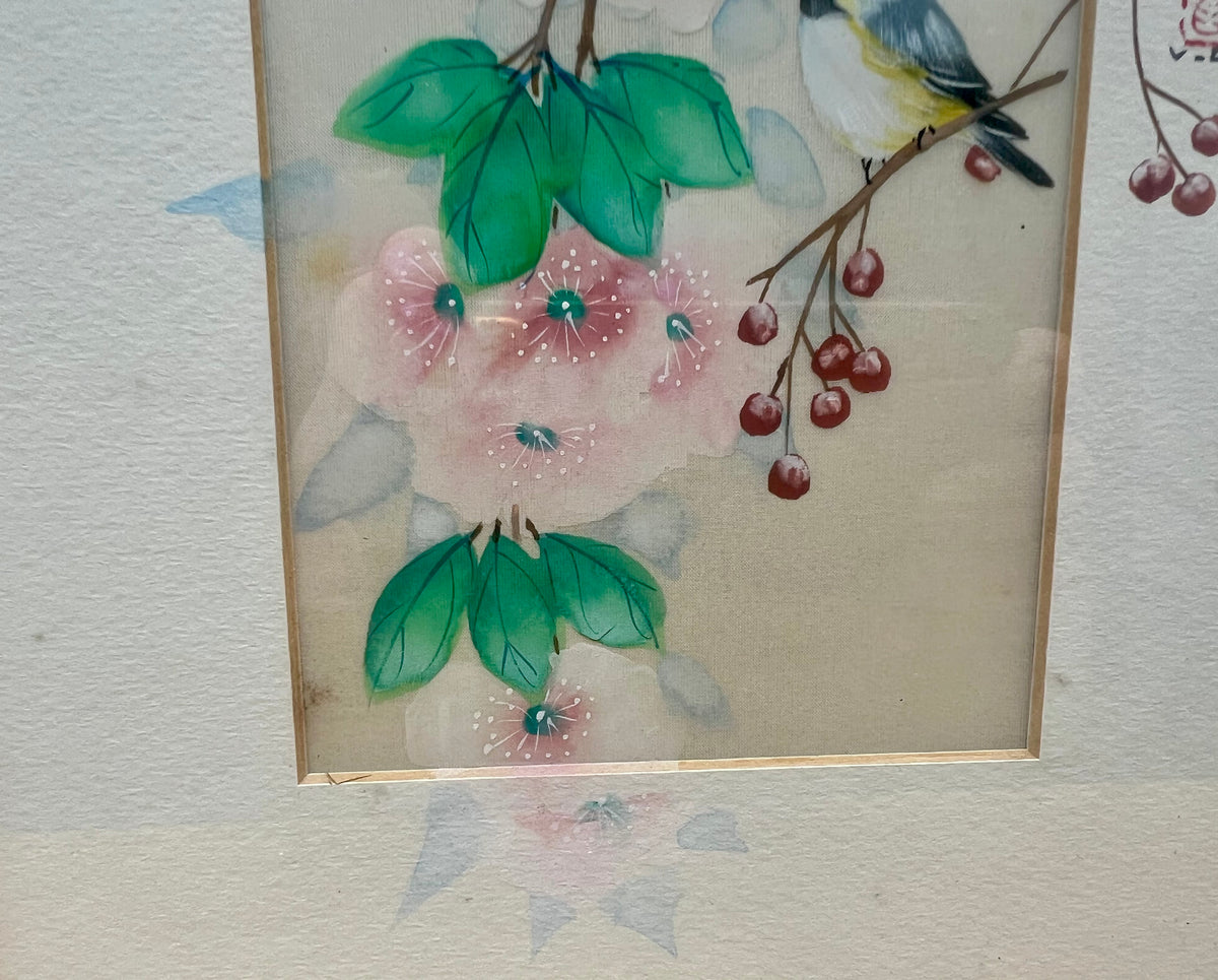 Vintage East Asian Bird & Blossom Painting on Silk – Signed & Sealed