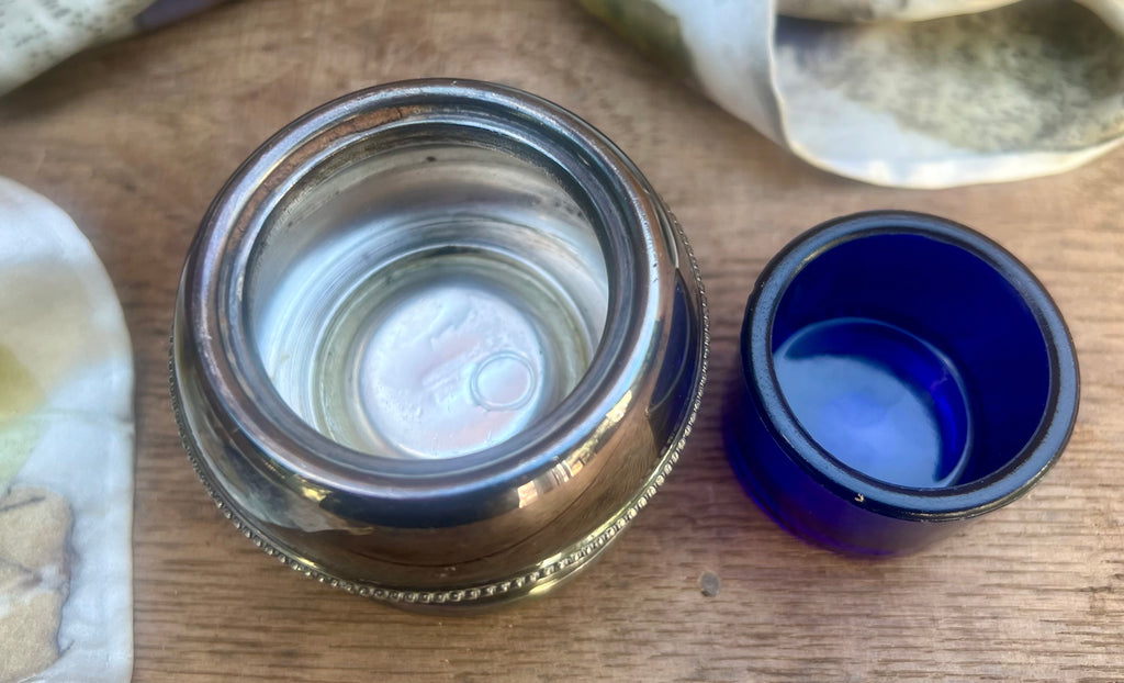 Silver Plated Inkwell — English Silver Plate & Cobalt Blue Glass, c.1900s–1920s